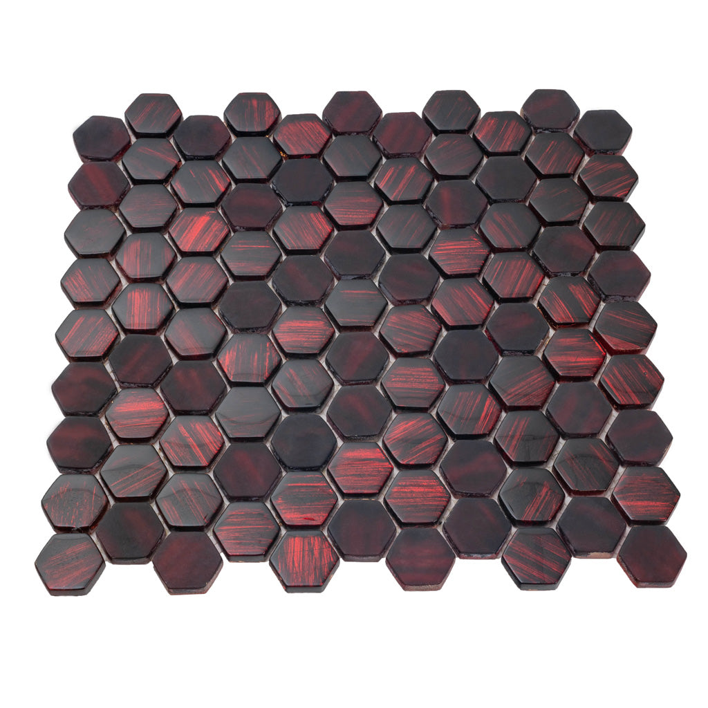 Berry red hexagonal glass mosaic tiles with glossy and matte finish arranged in 11x11 layout