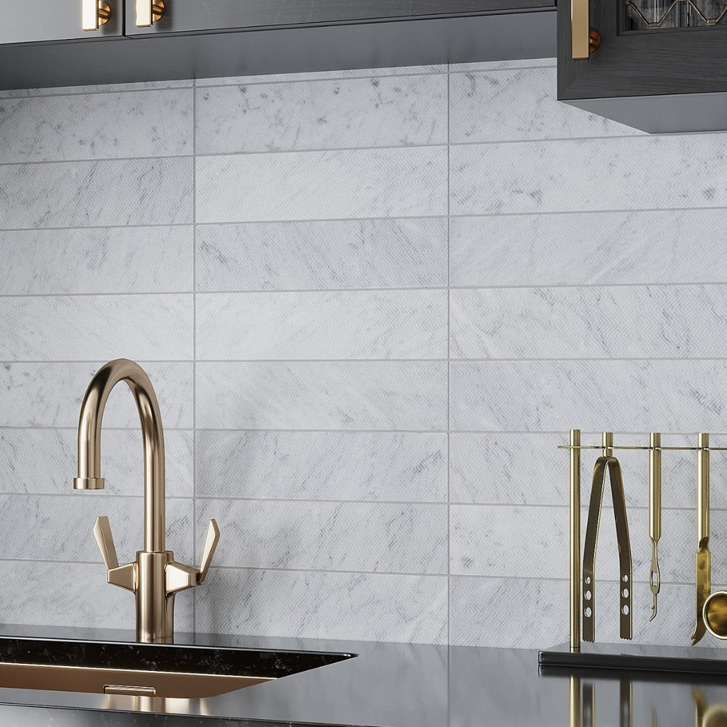 White 3x12 Textured Bianco Carrara Brick Tile