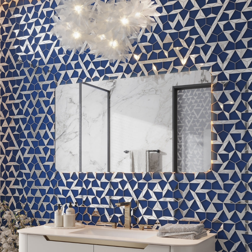 Blue, Gray 9x11 Glossy Glass Hexagon Mosaic Tile