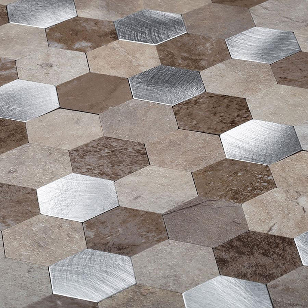 Beige hexagonal honed PVC peel and stick tiles with metallic silver accents