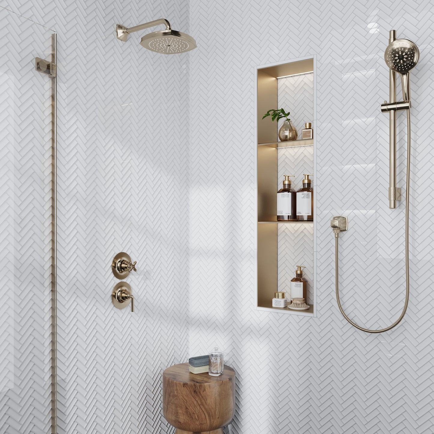 White 11x13 glossy glass mosaic tile with herringbone pattern for bathroom walls