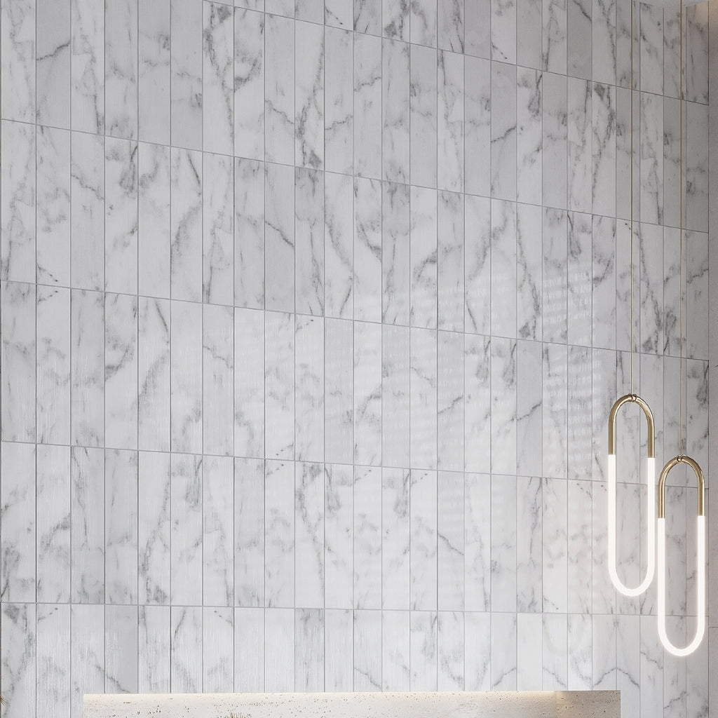 White 3x12 Textured Bianco Carrara Brick Tile