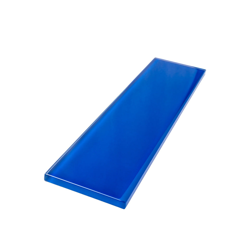 Glossy cobalt blue rectangular 3x12 glass subway tile with smooth edges