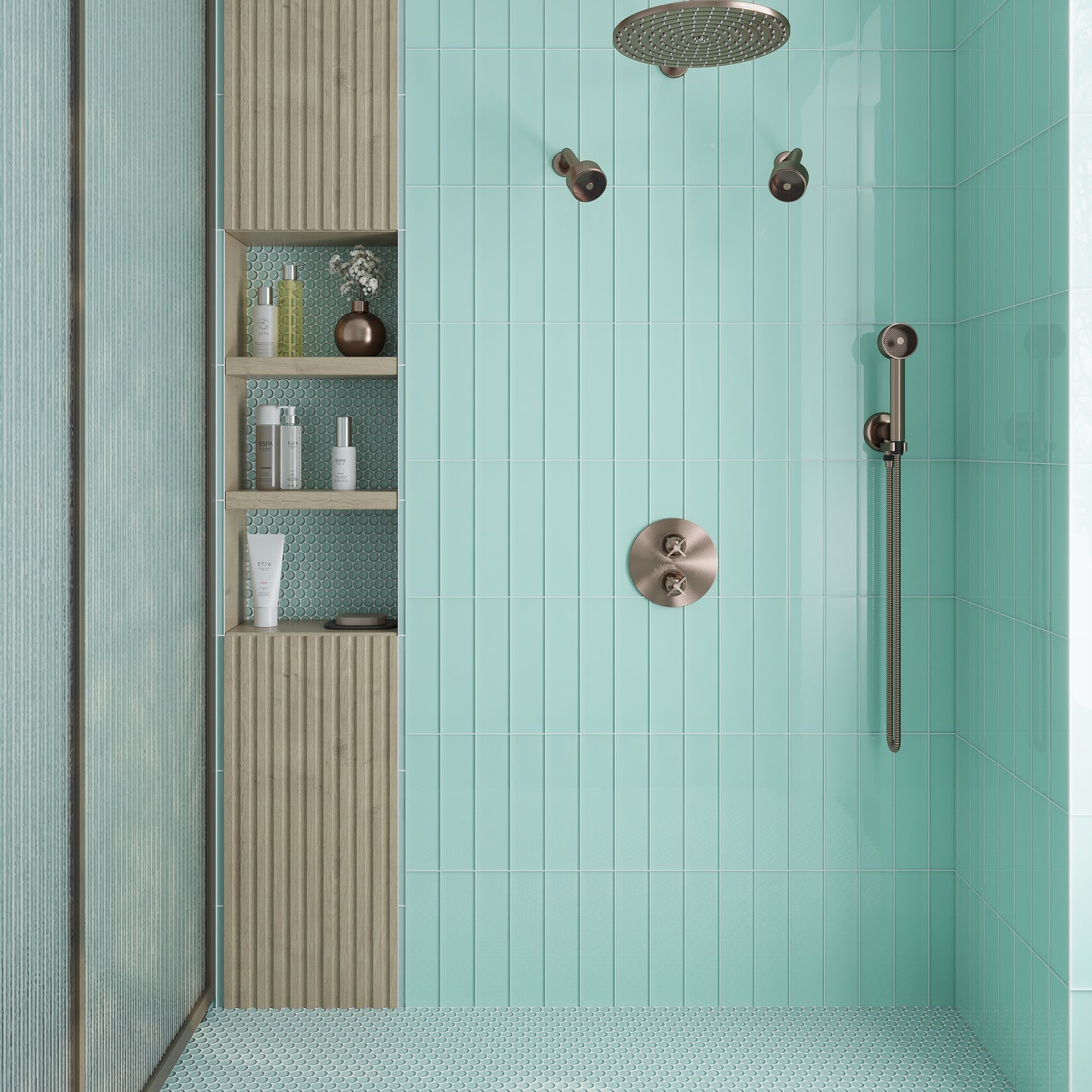 Glossy Blizzard blue 3x12 inch glass subway tile wall with vertical layout
