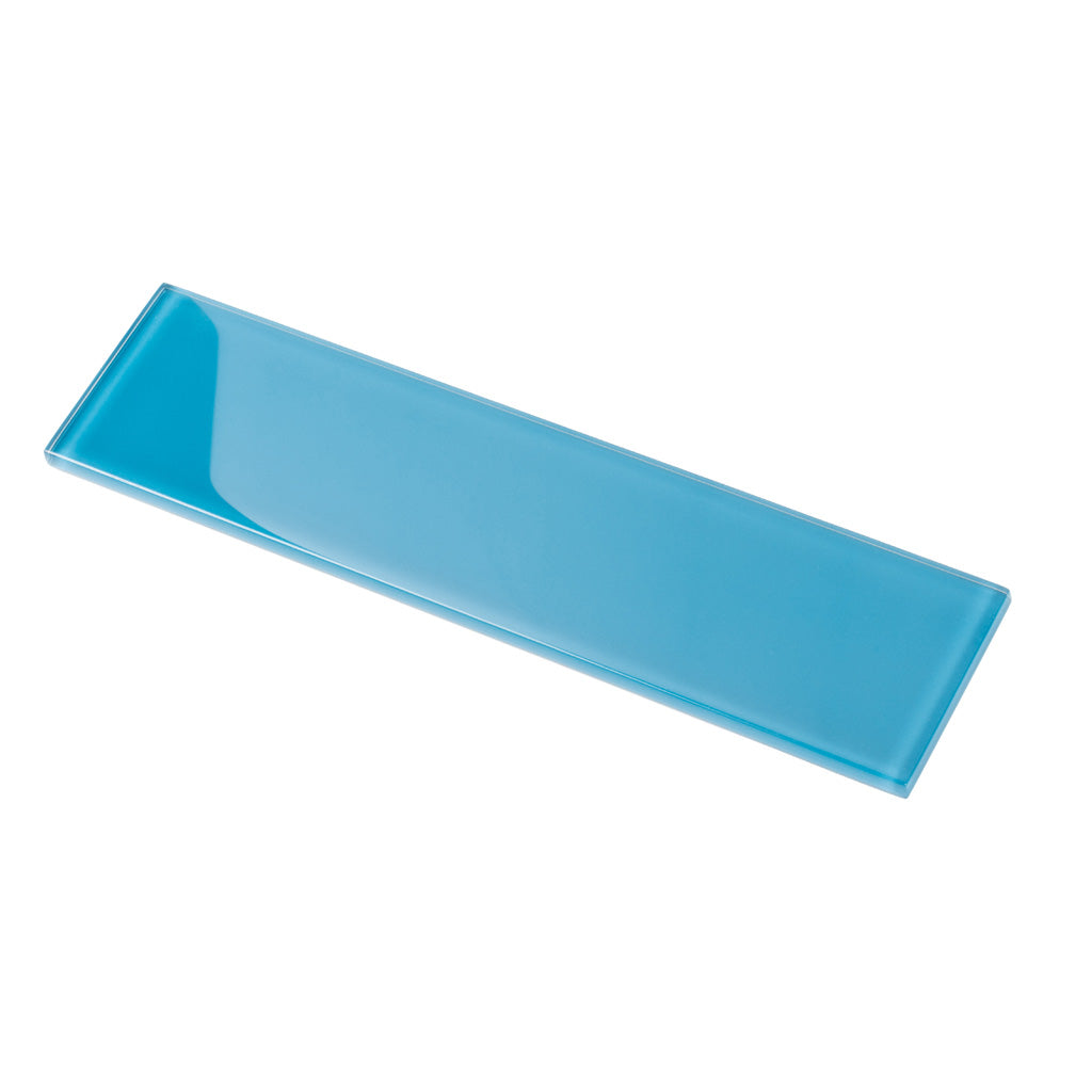 Glossy cerulean blue 3x12 glass subway tile with smooth reflective surface