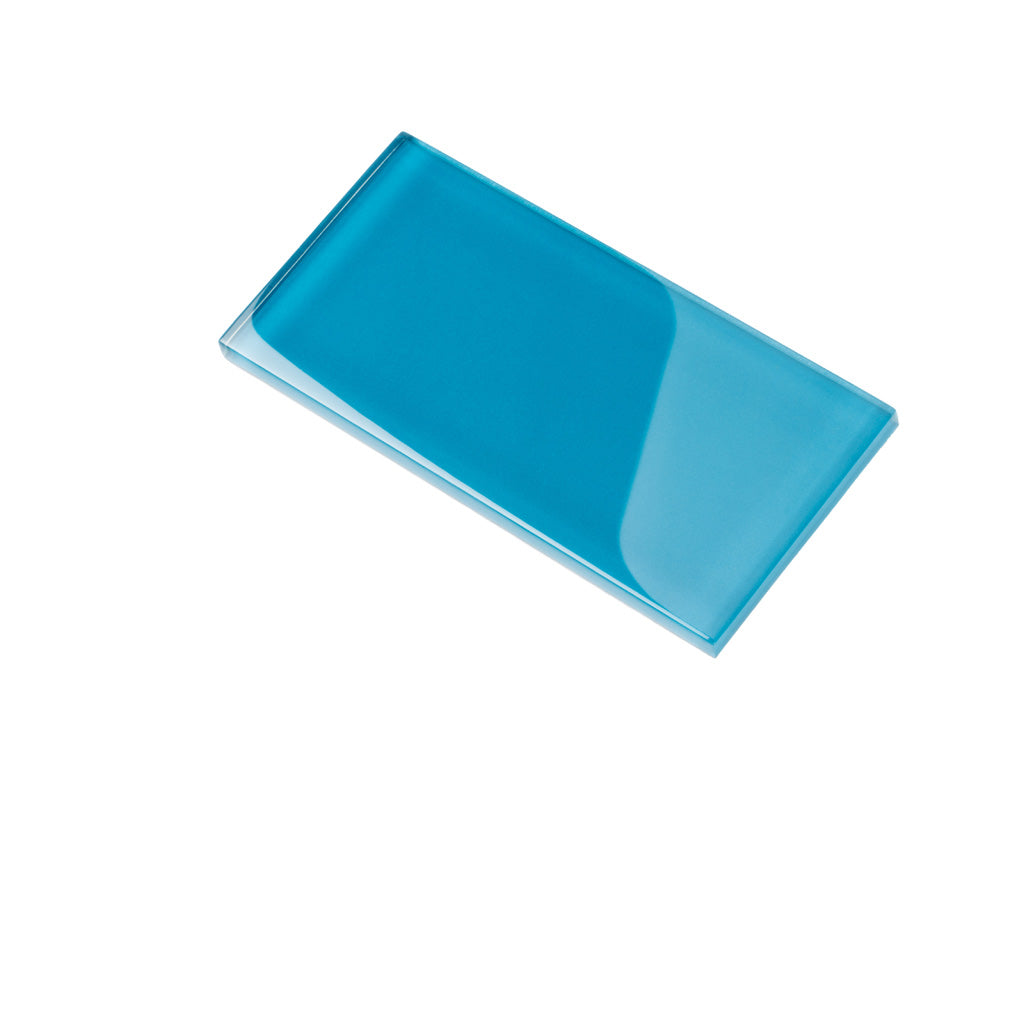 Glossy cerulean blue glass subway tile 3x6 inches with smooth reflective surface