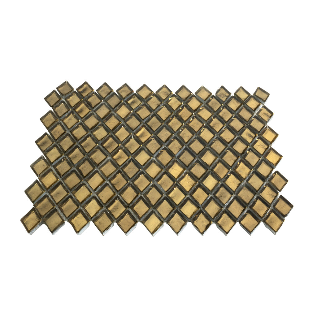 Glossy gold diamond-shaped glass mosaic tile sheet 11 by 11 inches