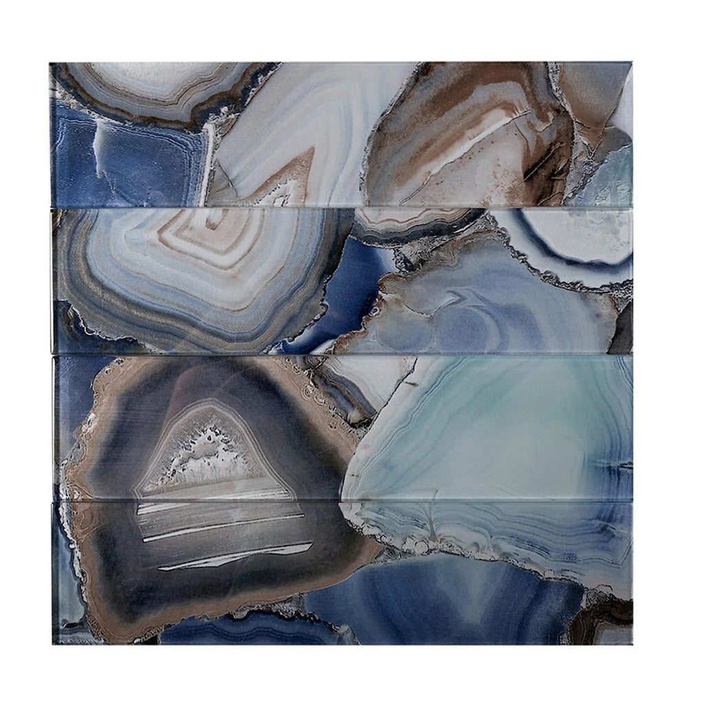 Glossy glass subway tile with sea blue and brown agate stone pattern in 3x12 size