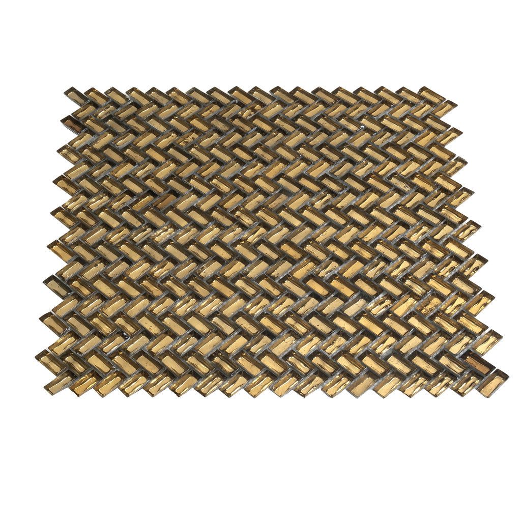 Glossy gold 12x12 herringbone glass mosaic tile with reflective finish