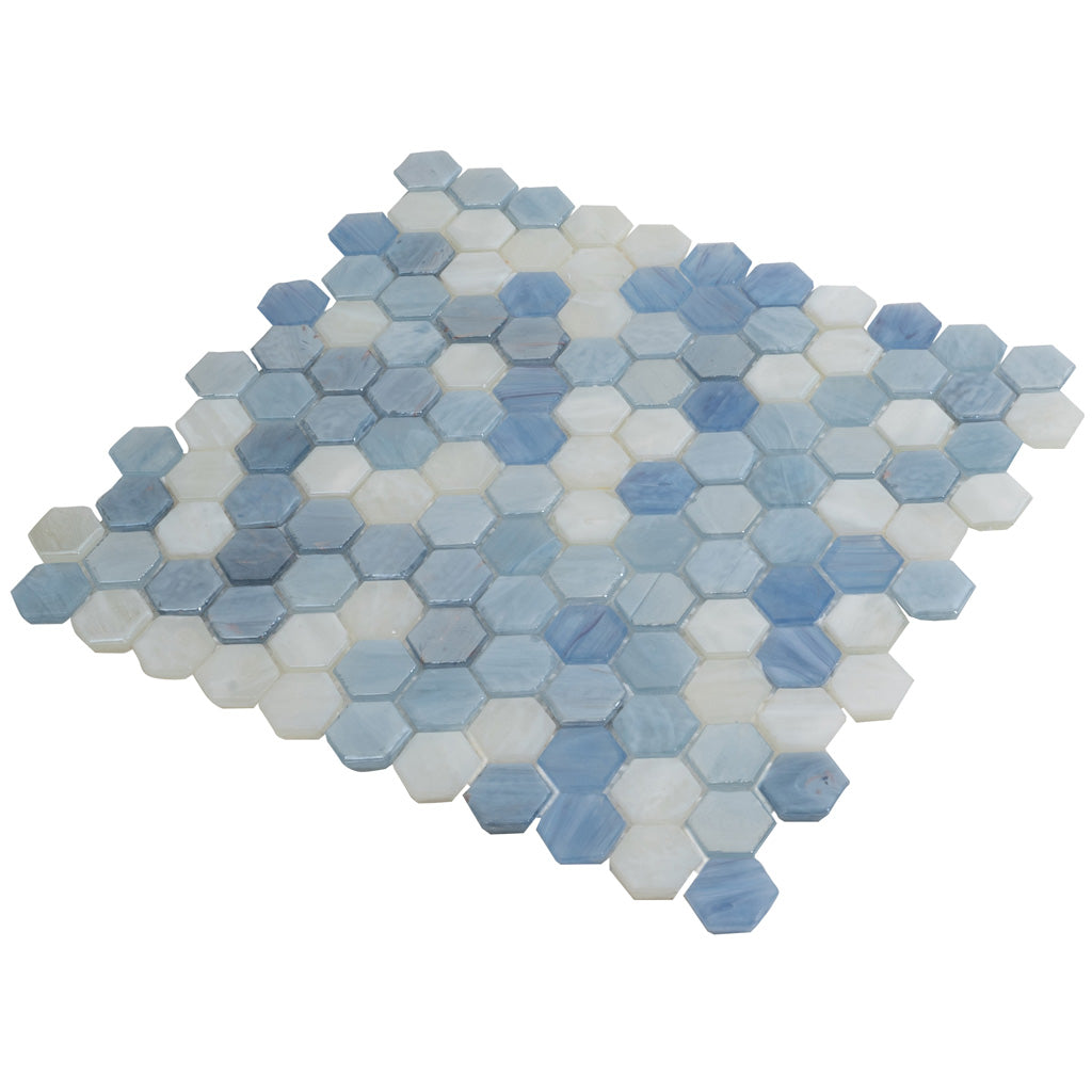 light blue glossy glass hexagon mosaic tile sample with varied blue and white shades