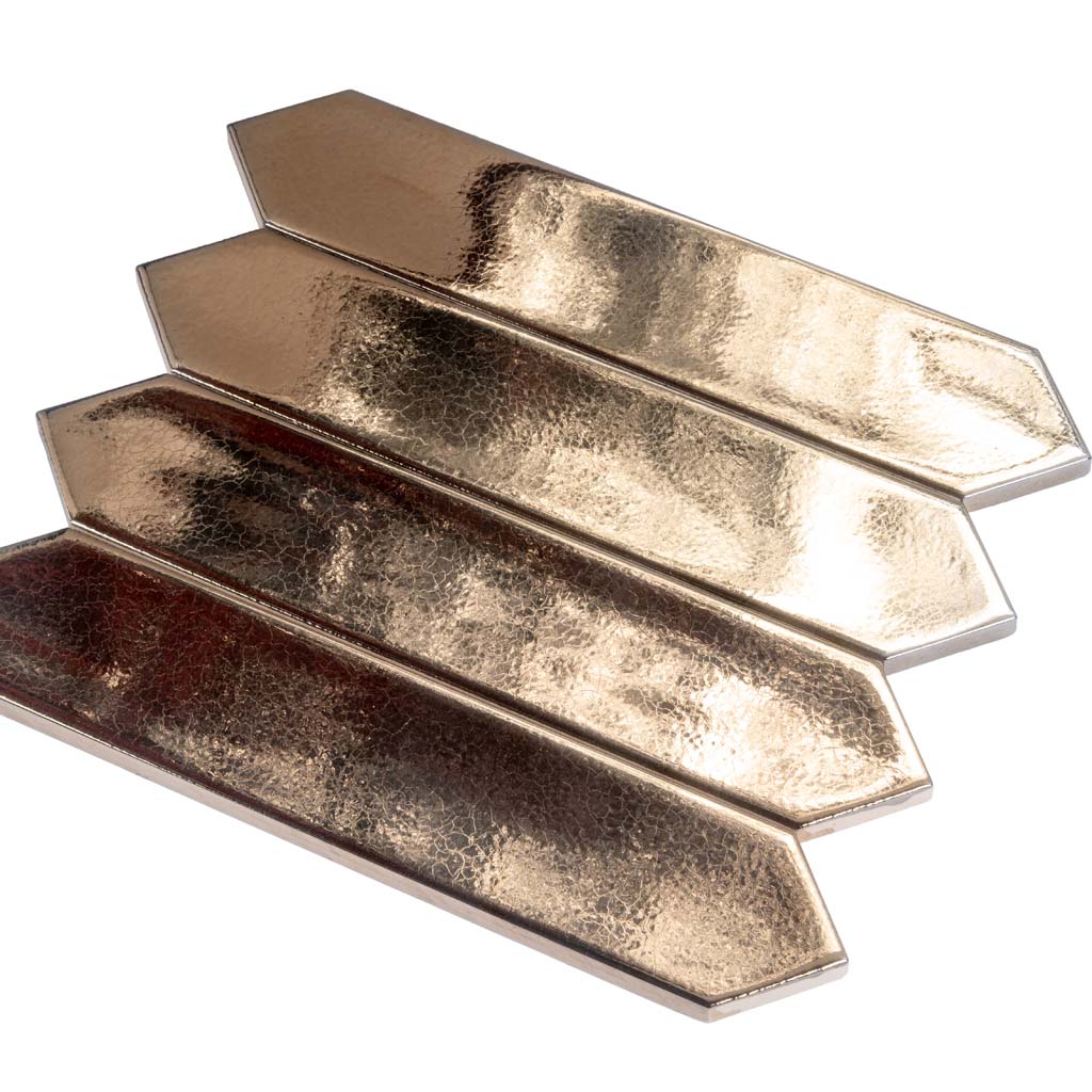 Glossy gold ceramic picket tiles 2x10 inches with reflective crackle finish