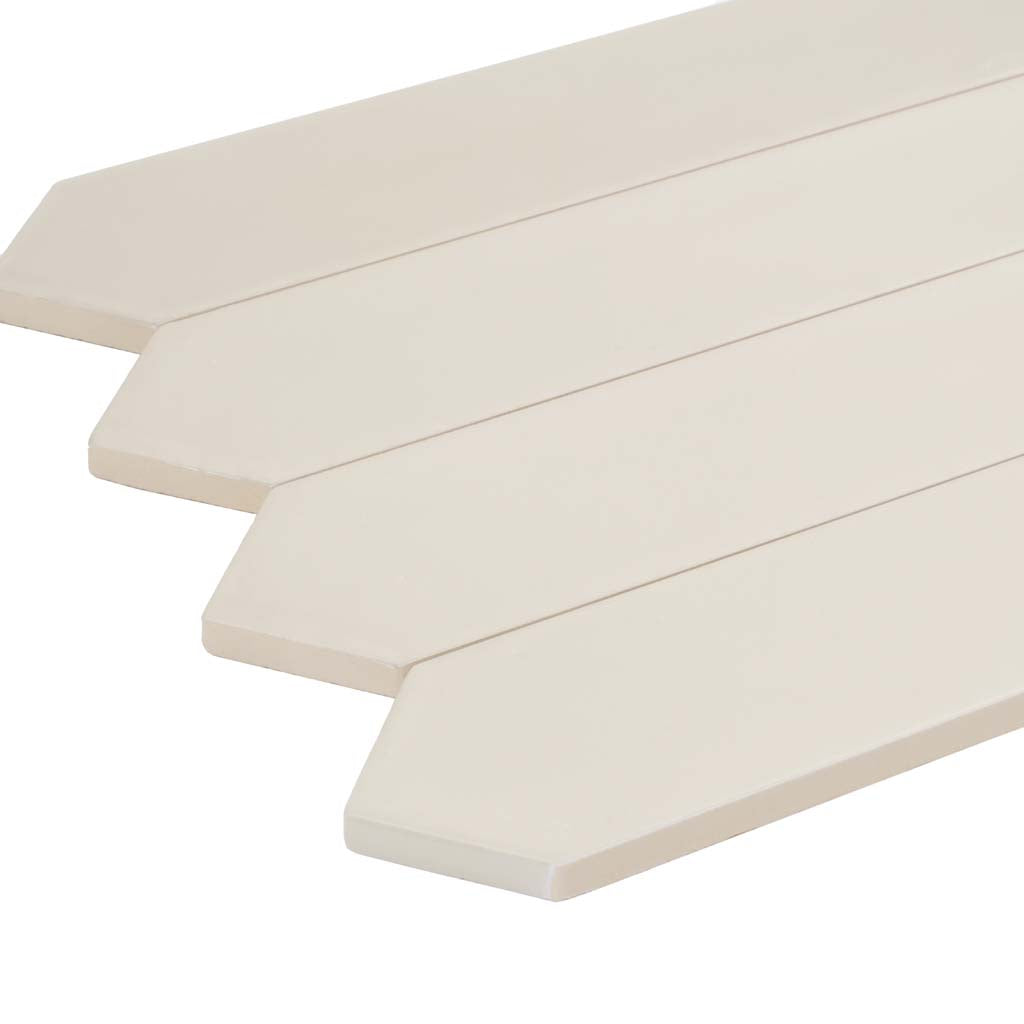 beige matte ceramic picket tiles 2x10 rectangular with pointed ends