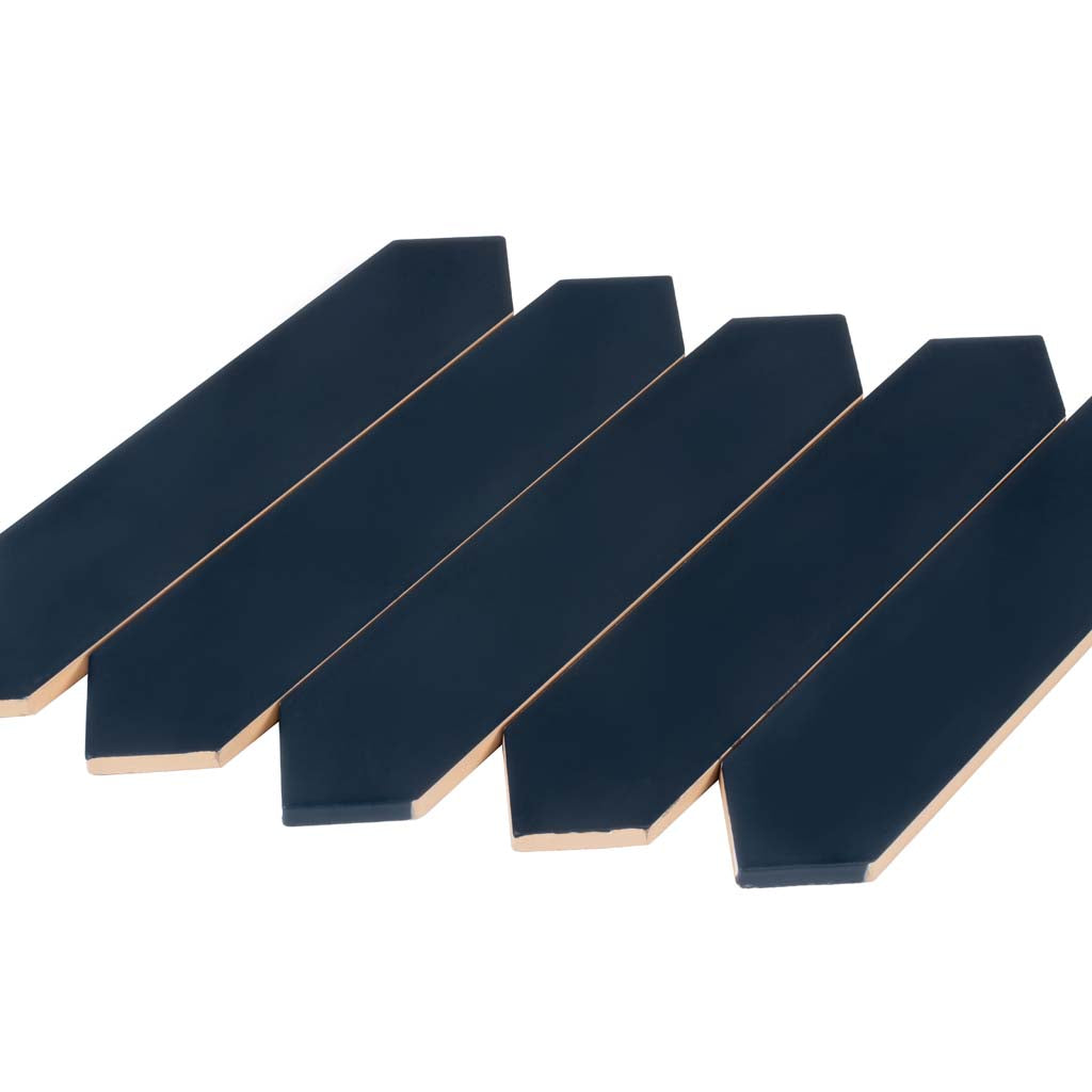 matte navy blue 2x10 ceramic picket tiles with angled ends
