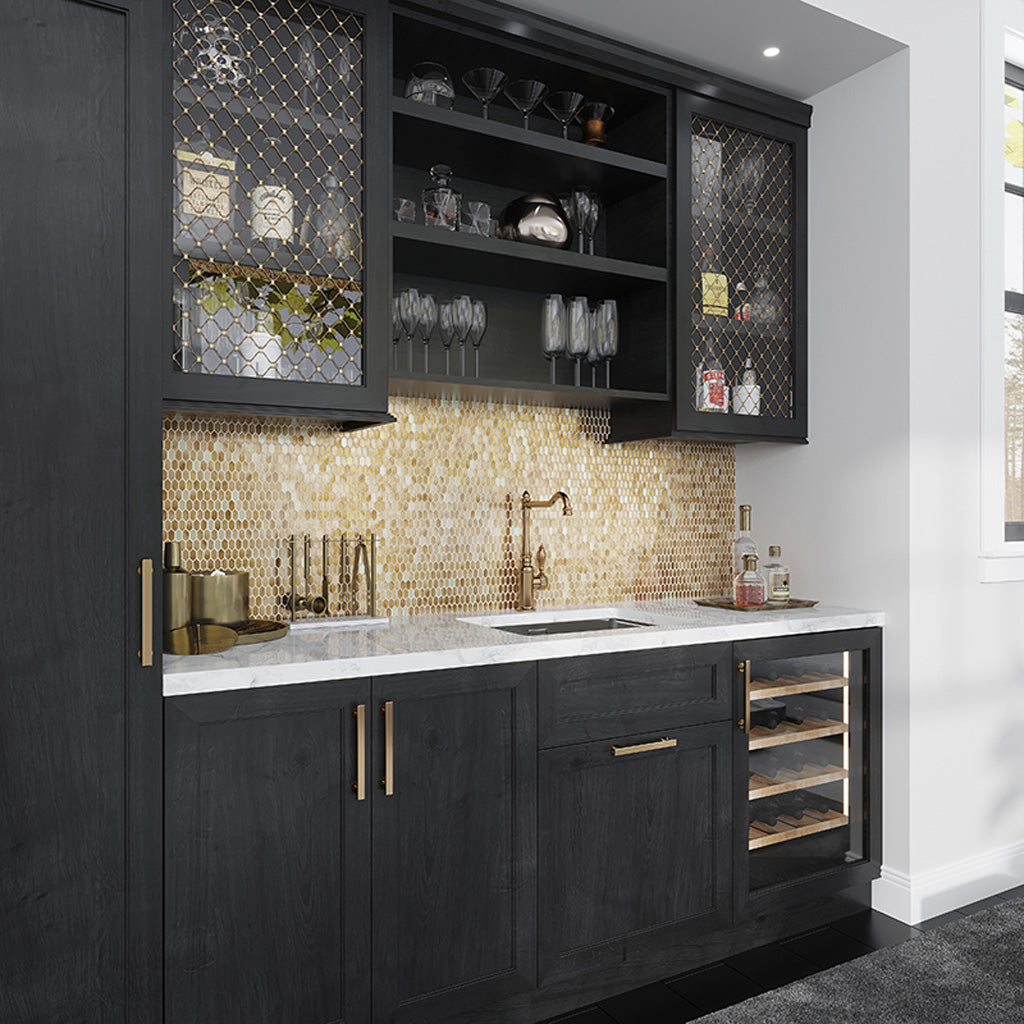 shimmer gold 12x12 glossy glass picket tile backsplash in modern kitchen setting
