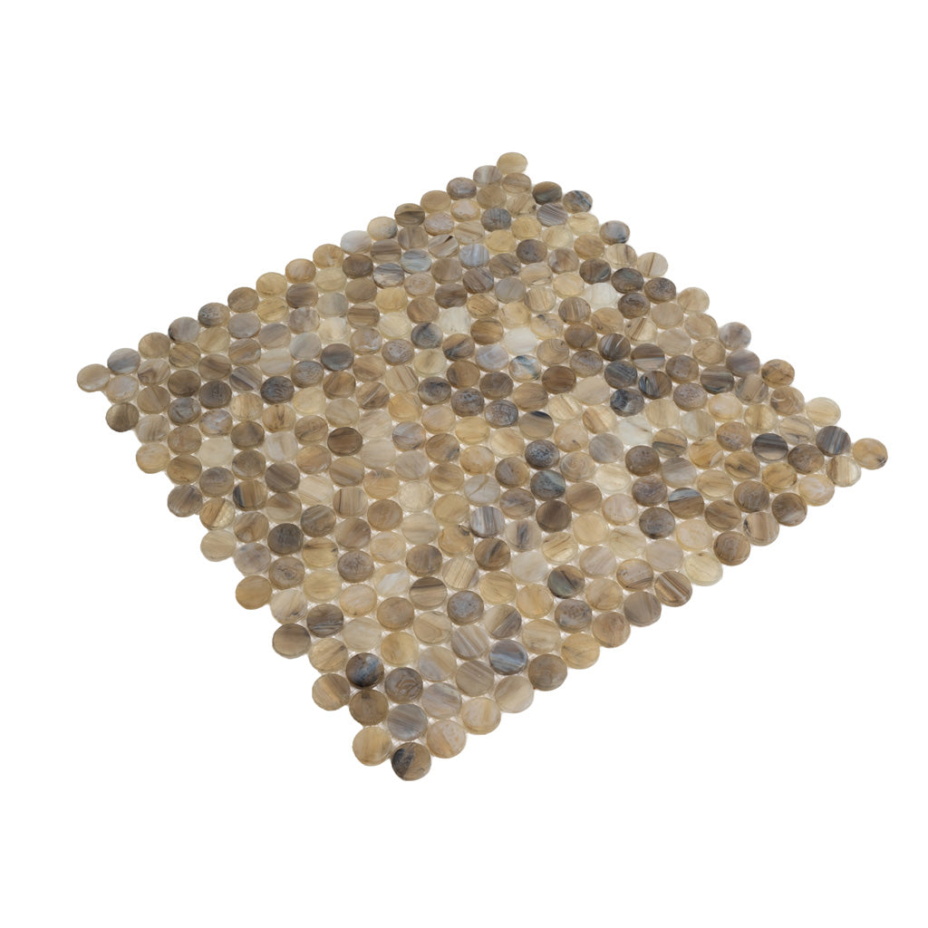 Beige glossy penny glass mosaic tile sheet 12x12 inches with round small tiles