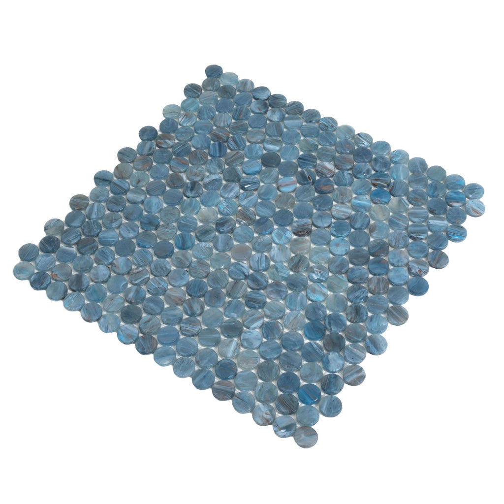 Glossy blue penny round glass mosaic tile sheet with varied blue tones 12x12 inches