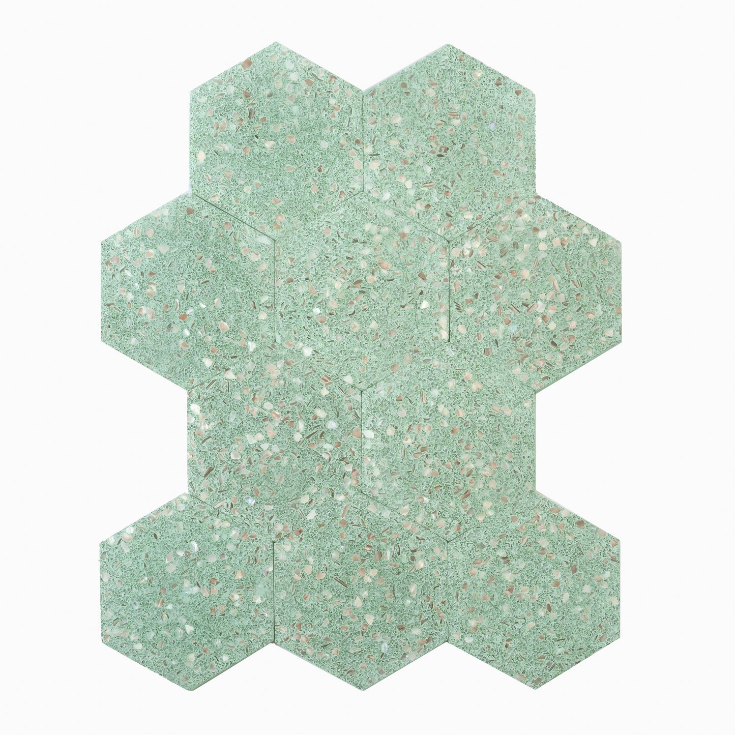 Mint Green with Copper flecks 9x8 Glossy Shell, Terrazzo Hexagon Tile
