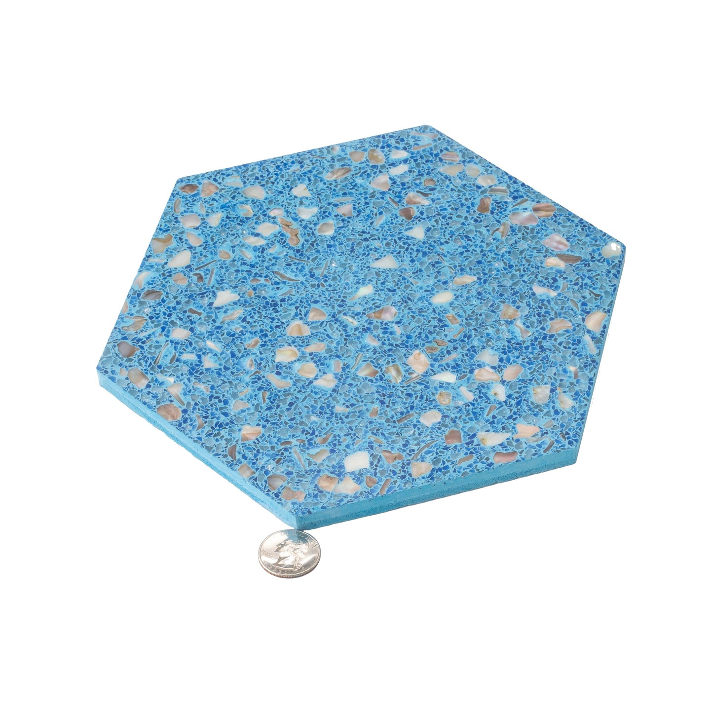 Yosemite Blue with Copper flecks 9x8 Glossy Shell, Terrazzo Hexagon Tile - Sample