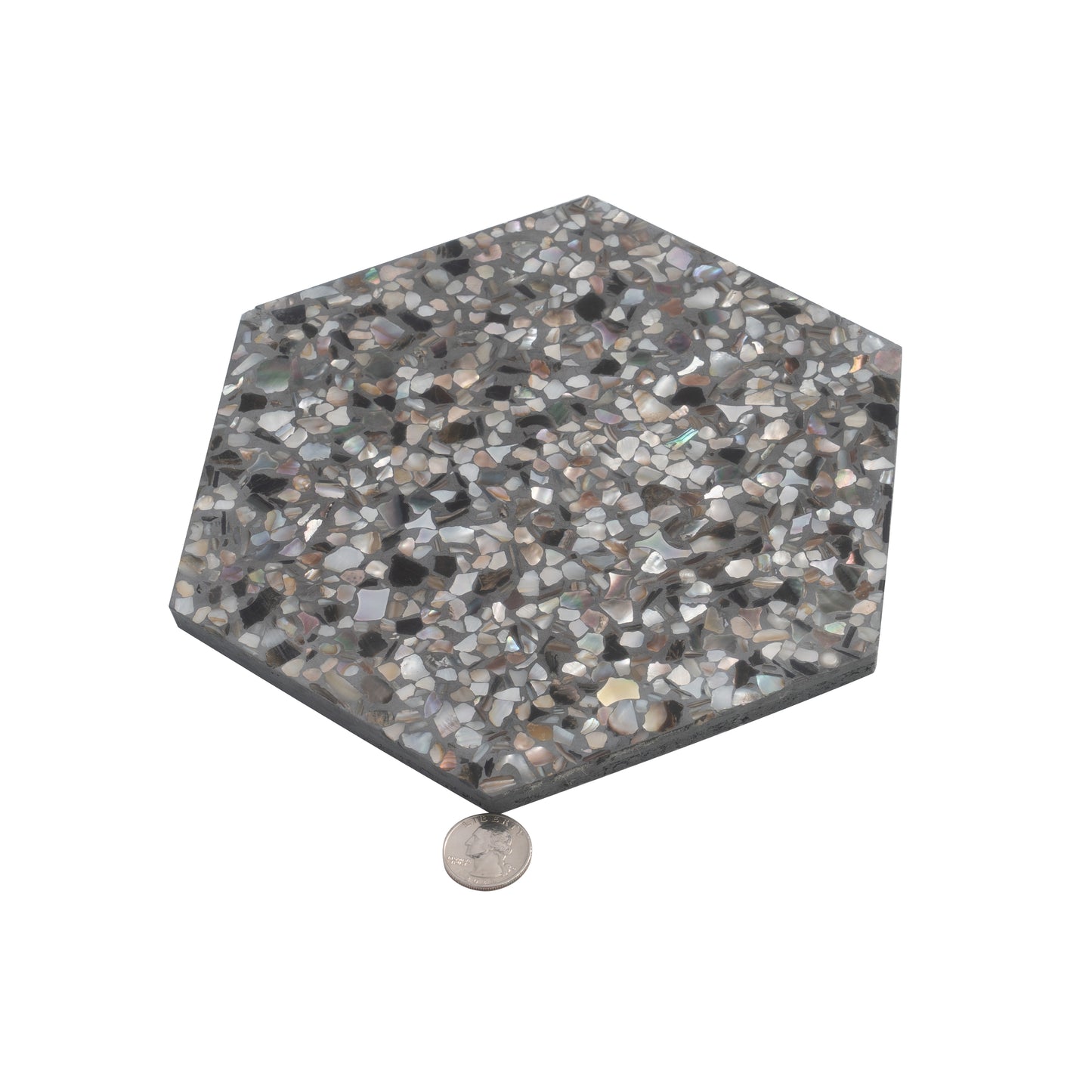 Black with Amber Pearl flecks 9x8 Glossy Shell, Terrazzo Hexagon Tile