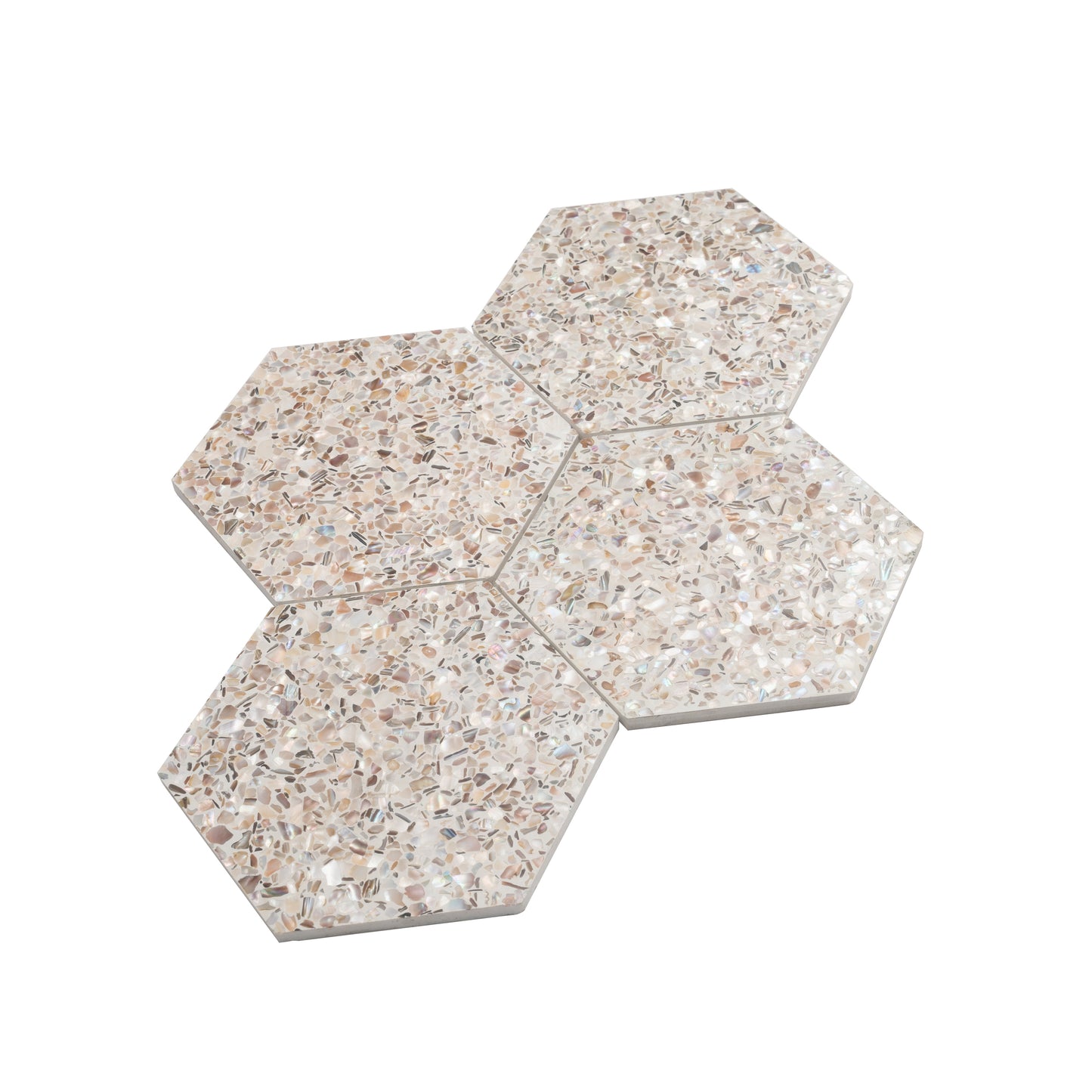 Ivory White with Copper flecks 9x8 Glossy Shell, Terrazzo Hexagon Tile