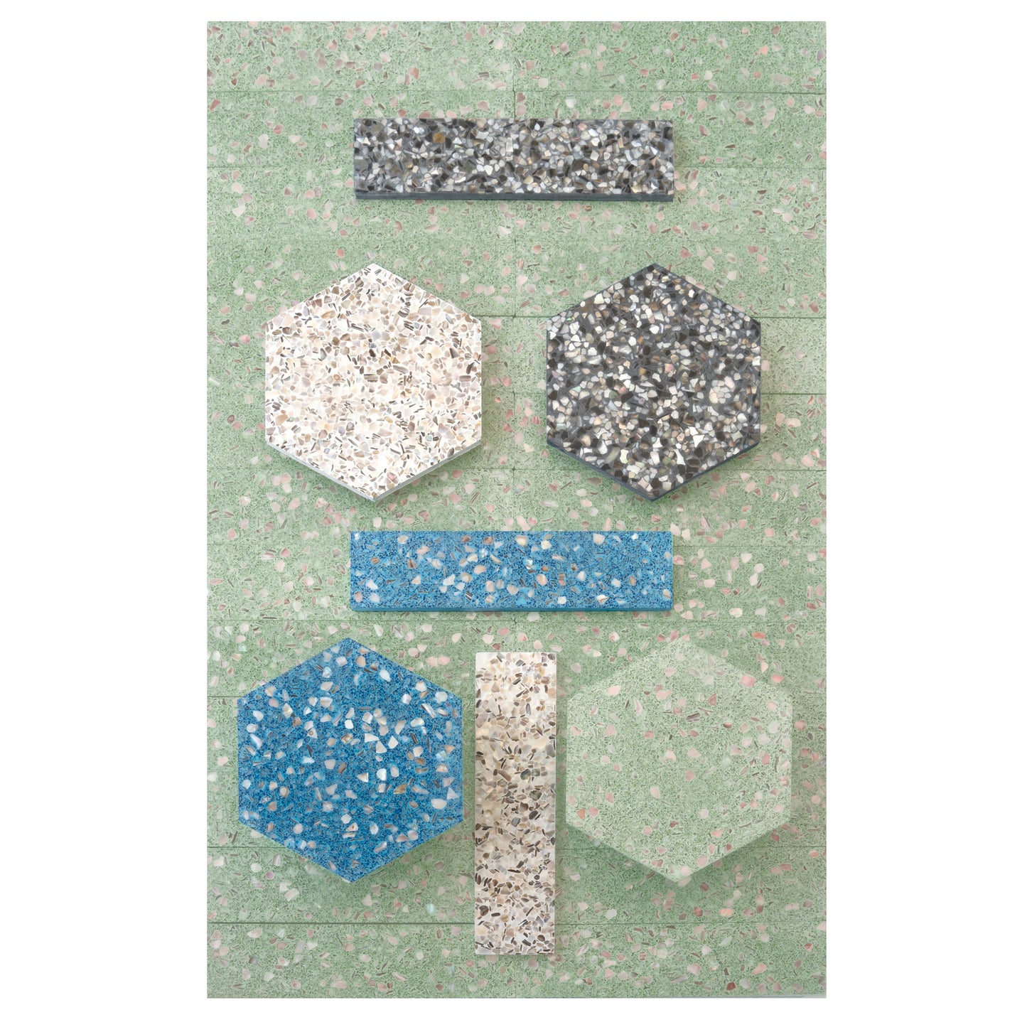 Mint Green with Copper flecks 3x12 Glossy Shell, Terrazzo Elongated Subway Tile
