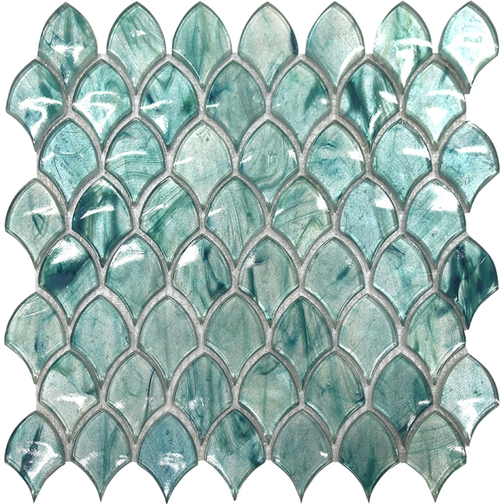 Glossy sea blue petal-shaped glass mosaic tile with marbled texture and silver grout