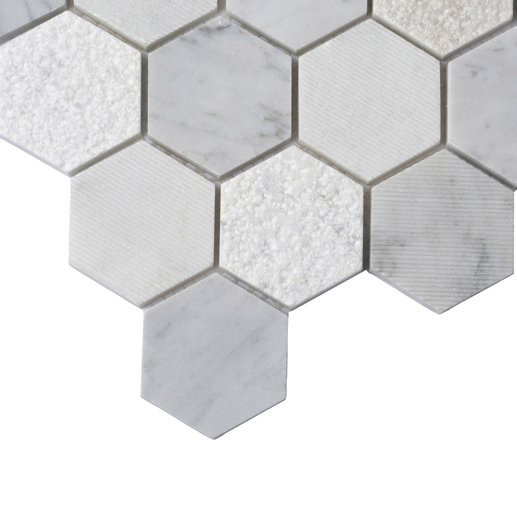 White 12 x 12 Polished, etched Bianco Carrara Marble Mosaic Tile