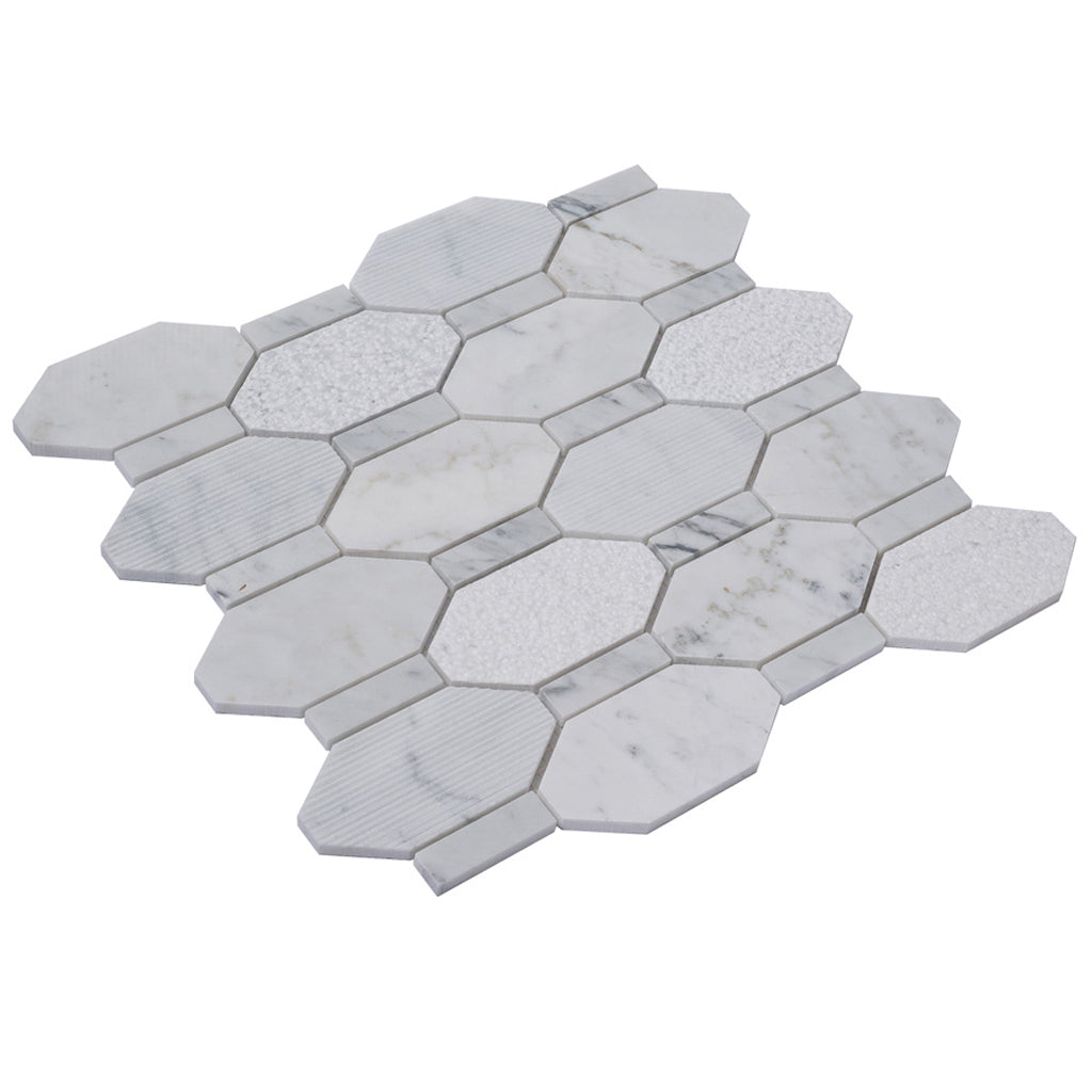 White 11 x 12 Polished, etched Bianco Carrara Marble Mosaic Tile