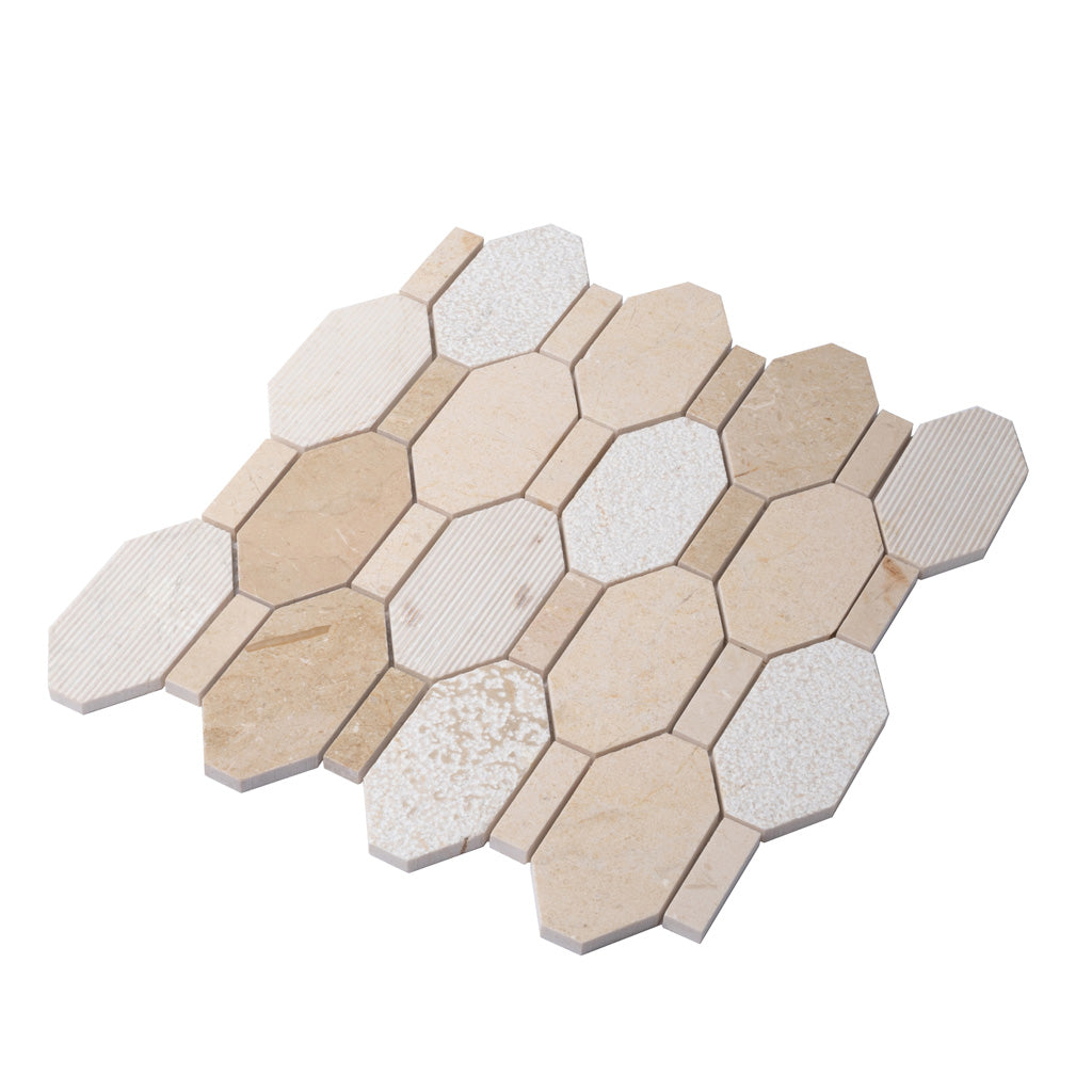 Beige 11 x 12 Polished, etched Crema Marfil Marble Mosaic Tile