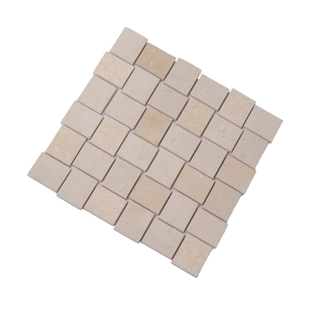 Beige 11 x 11 Polished, etched Crema Marfil Marble Mosaic Tile