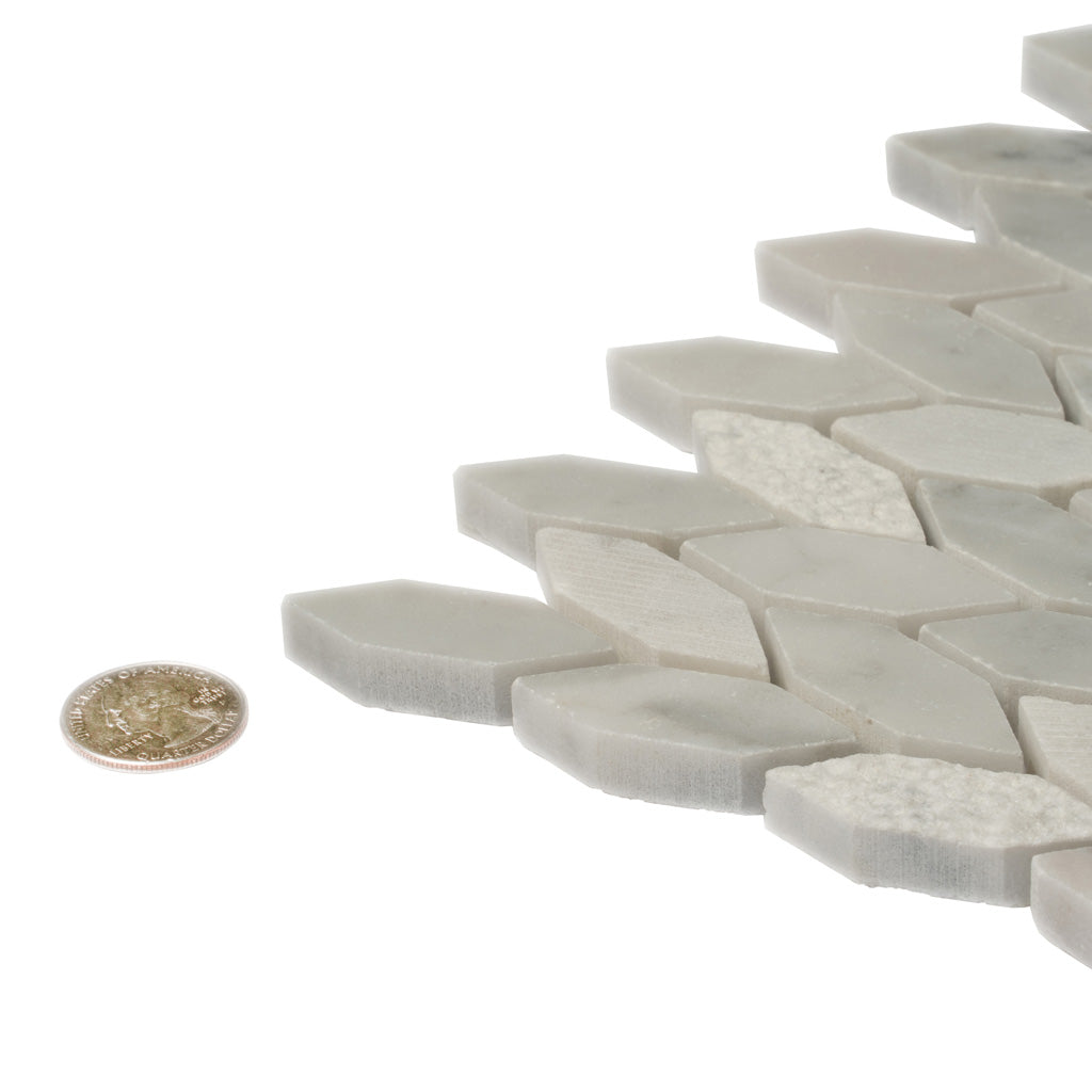 White and Gray 12 x 12 Polished, etched Bianco Carrara Marble Mosaic Tile