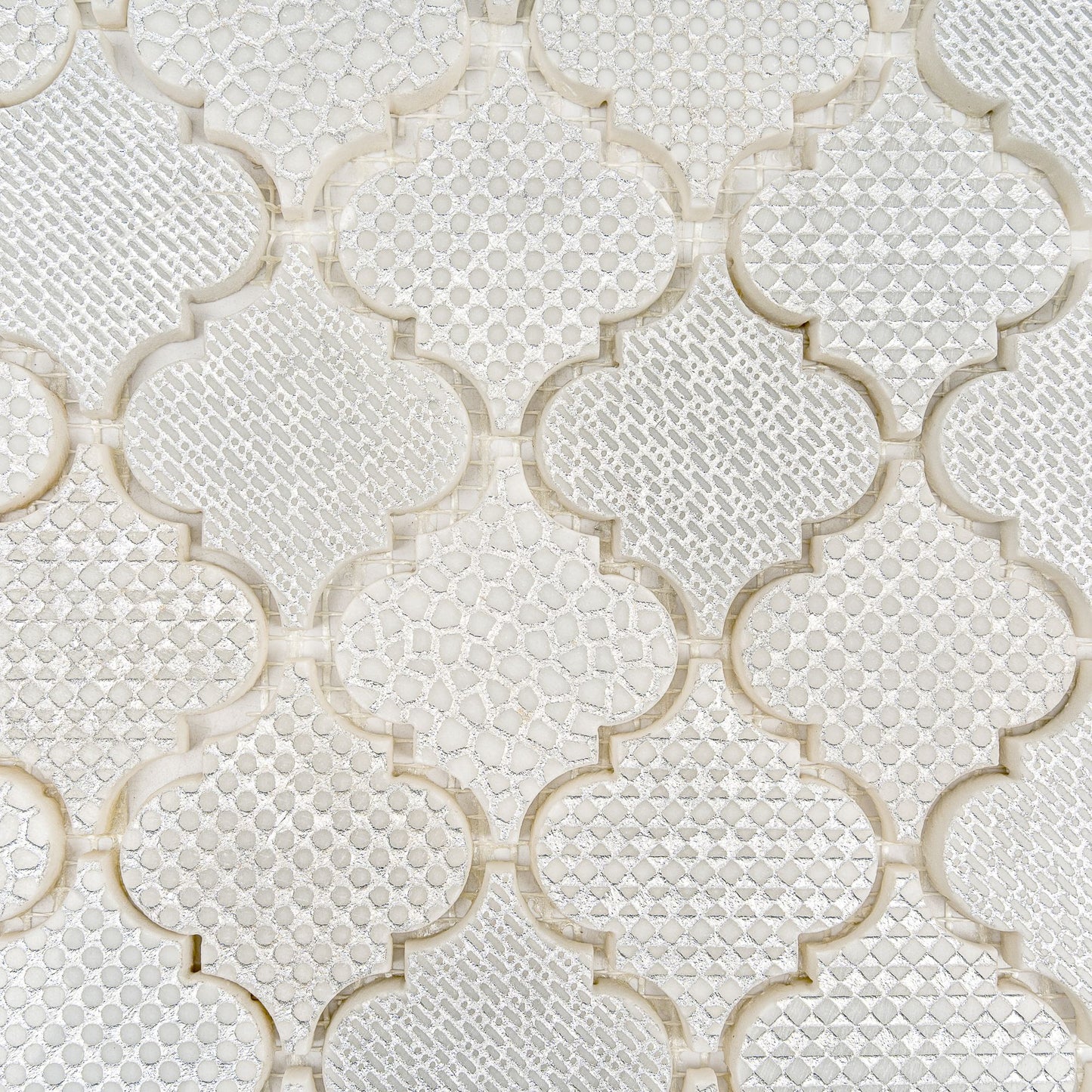 Silver White 12x12 Textured, Foiled Stone Arabesque Mosaic Tile