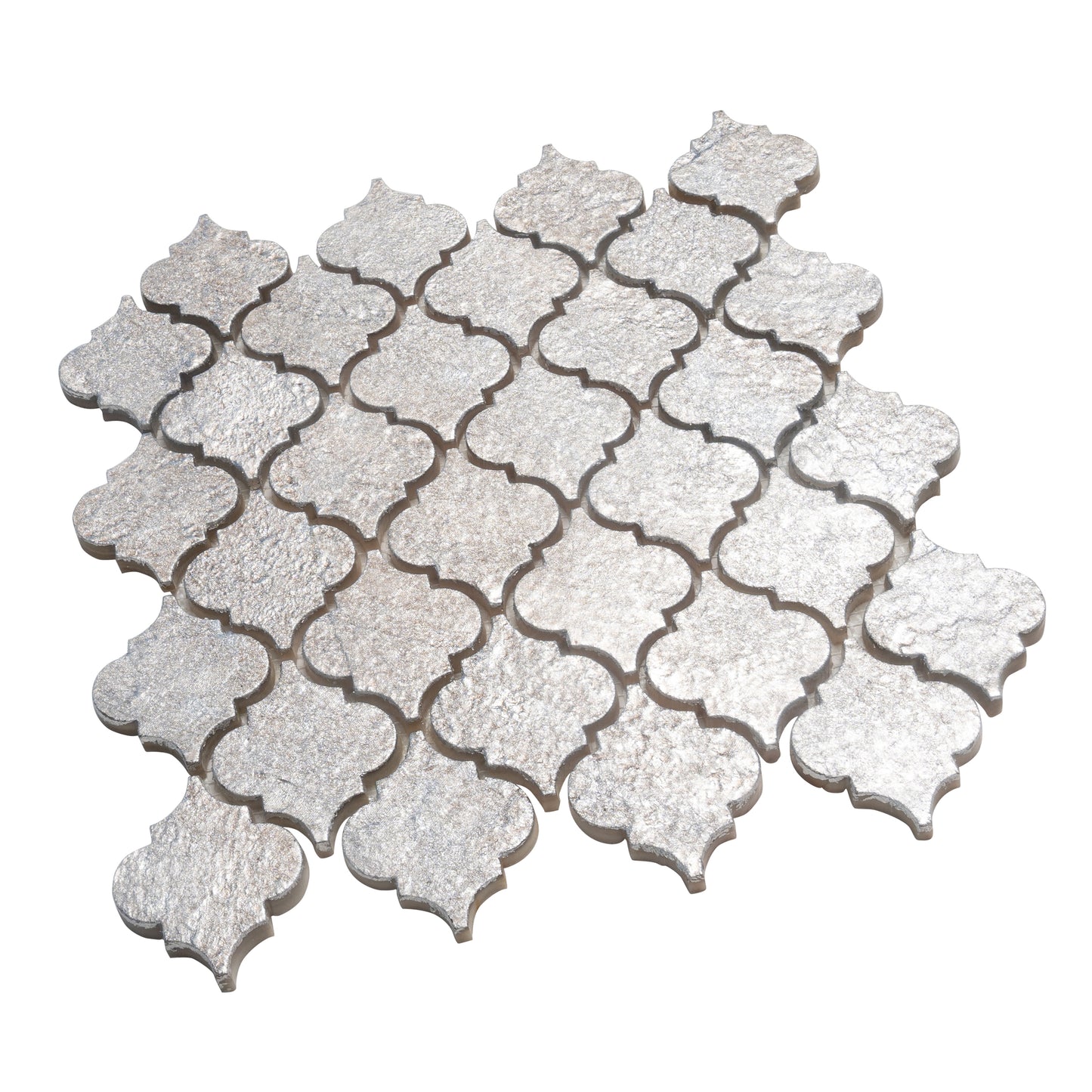 Silver Gray 12x12 Textured, Foiled Resin Arabesque Mosaic Tile