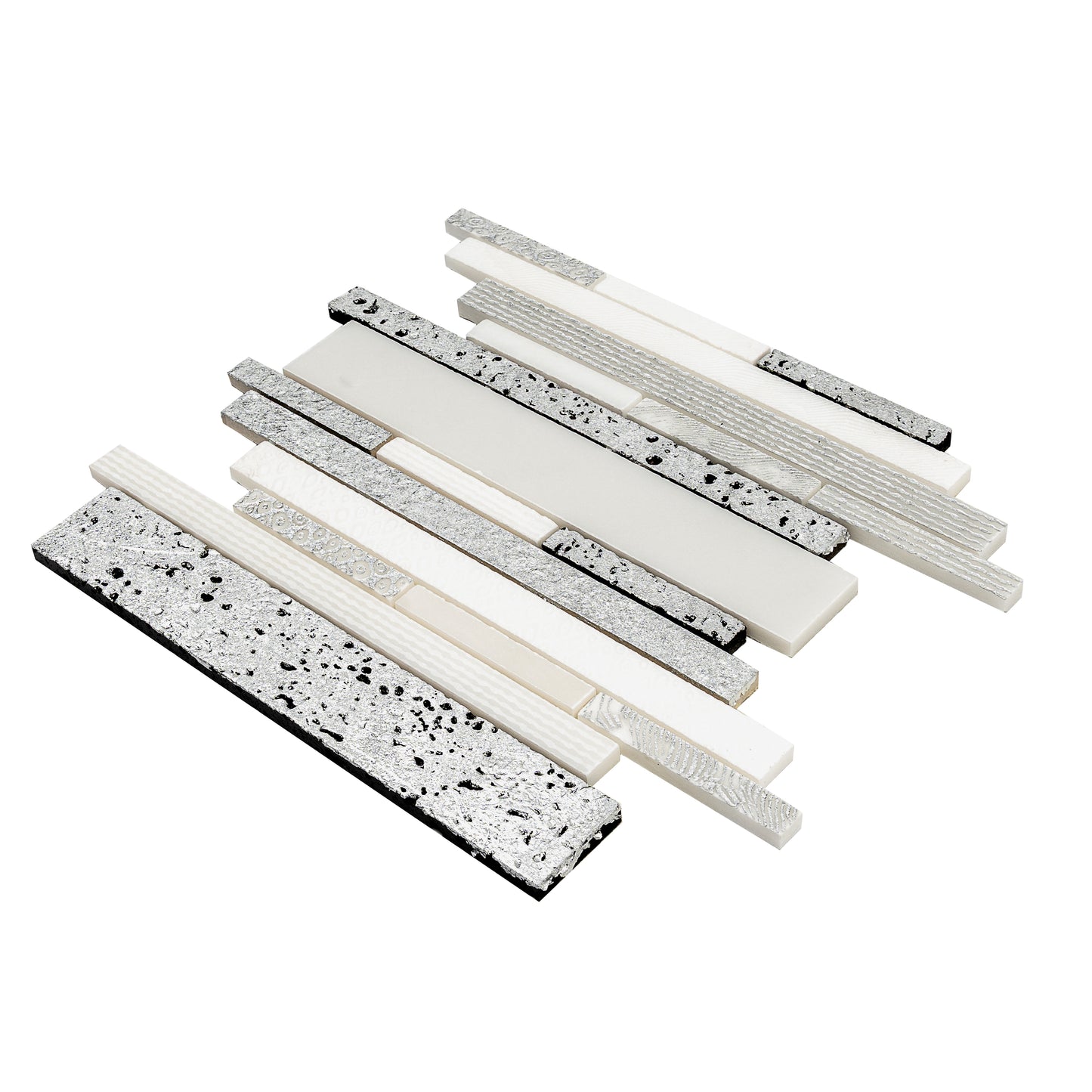 White Silver 12x12 Polished, Textured, Foiled Stone Sticks, Linear Mosaic Tile