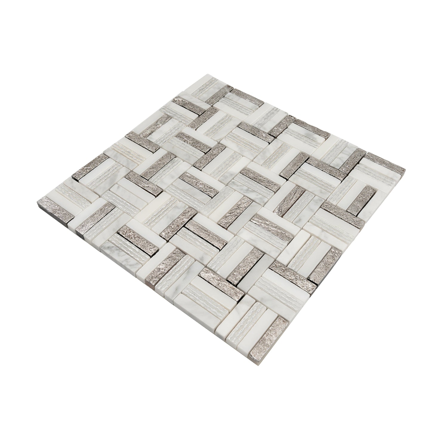 Silver White 12x12 Polished, Textured, Foiled Stone Square Mosaic Tile - Sample