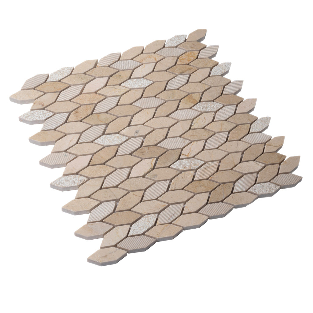 Beige 12 x 12 Polished Etched Crema Marfil Marble Mosaic Tile