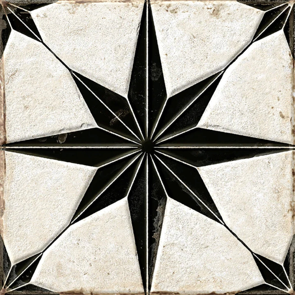 Black White 9x9 Matte-Layer Tech Porcelain Star Square Tile - Sample