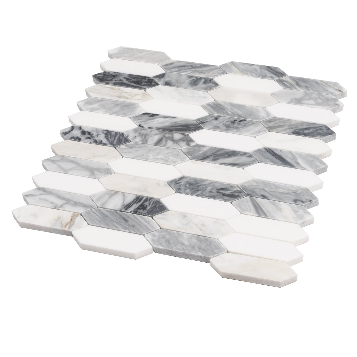 Calacatta Bluette, Thassos White 12x12 Polished Picket Mosaic Tile