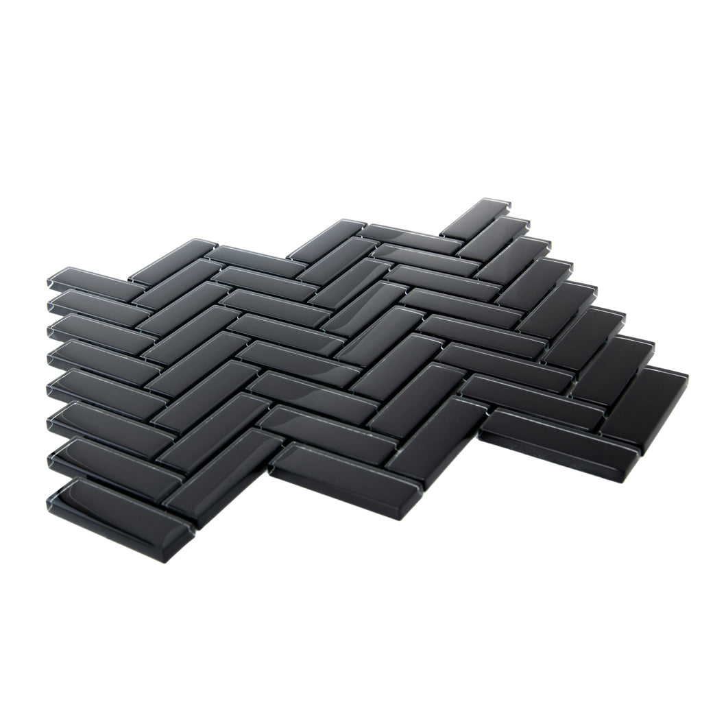 black glossy glass mosaic tile sheets in 11x13 inches with rectangular herringbone pattern