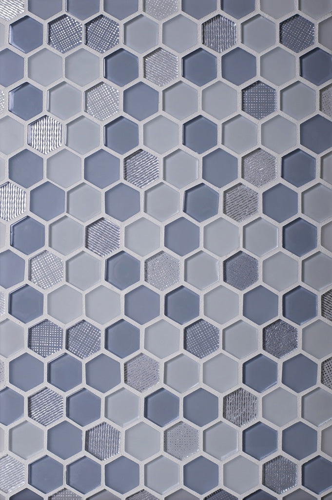 Blue and Gray 12 x 12 Glossy Matte Hexagon Glass Mosaic Tile
