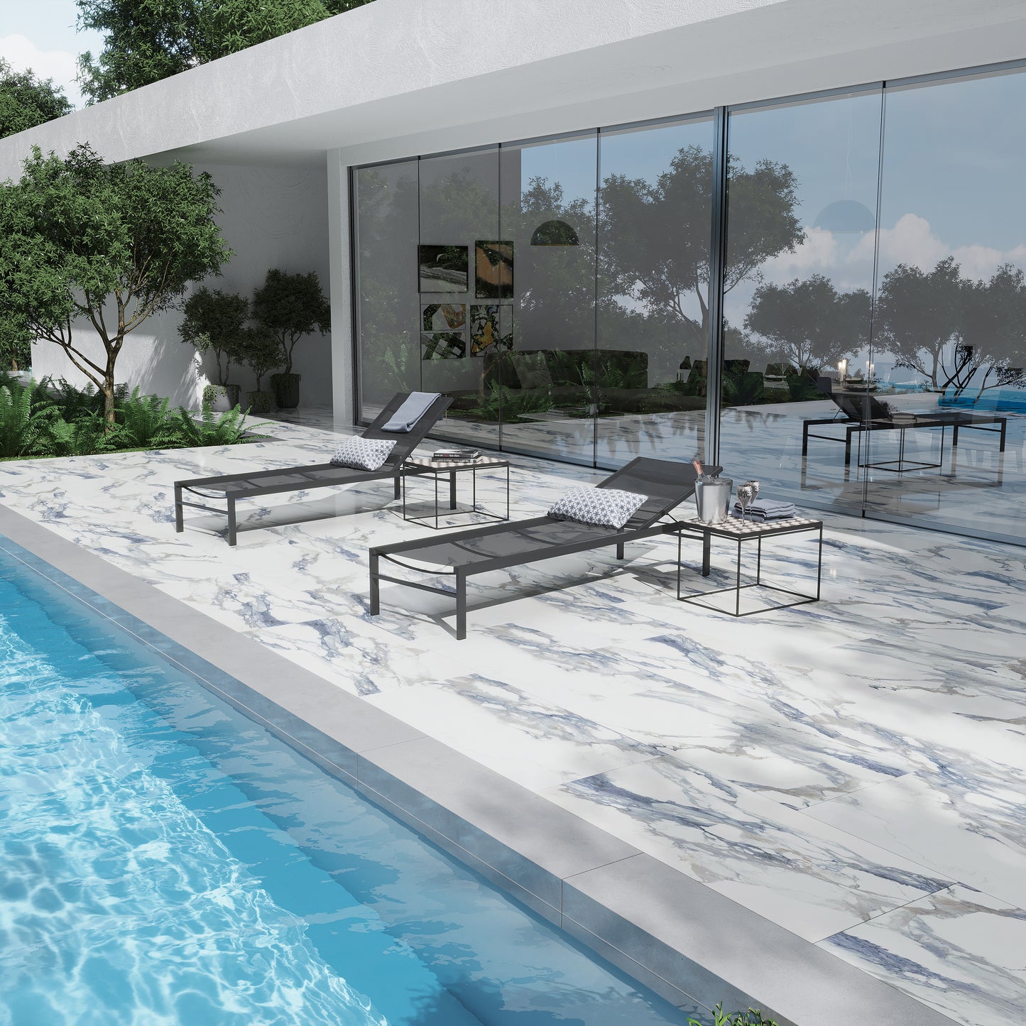 blue veined 24x48 lappato porcelain large tile in outdoor poolside setting
