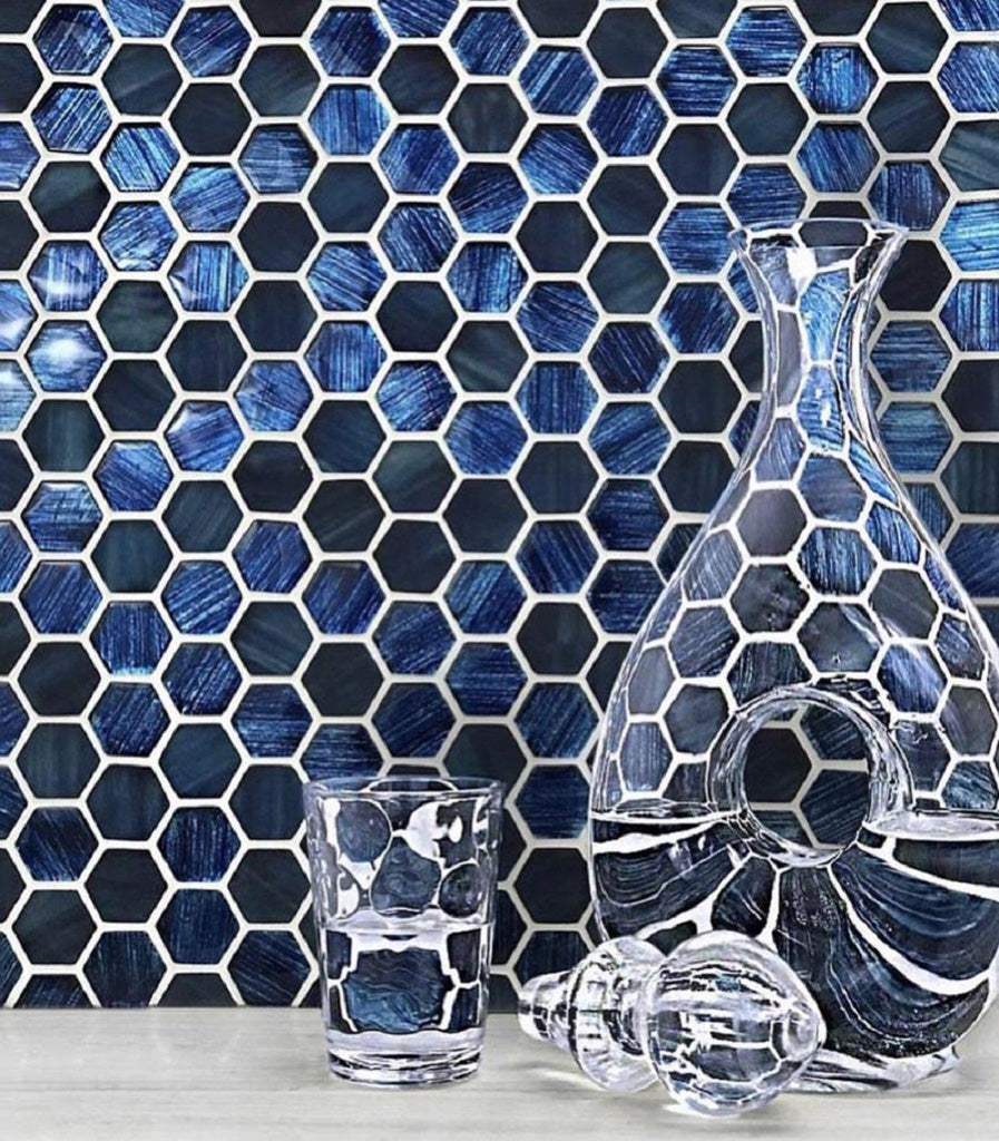blue glossy matte hexagon glass mosaic tile with textured pattern