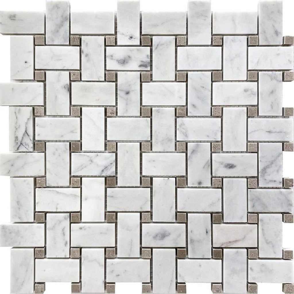 White polished Bianco Carrara and Eastern Beige marble basketweave mosaic tile with rectangular and square shapes
