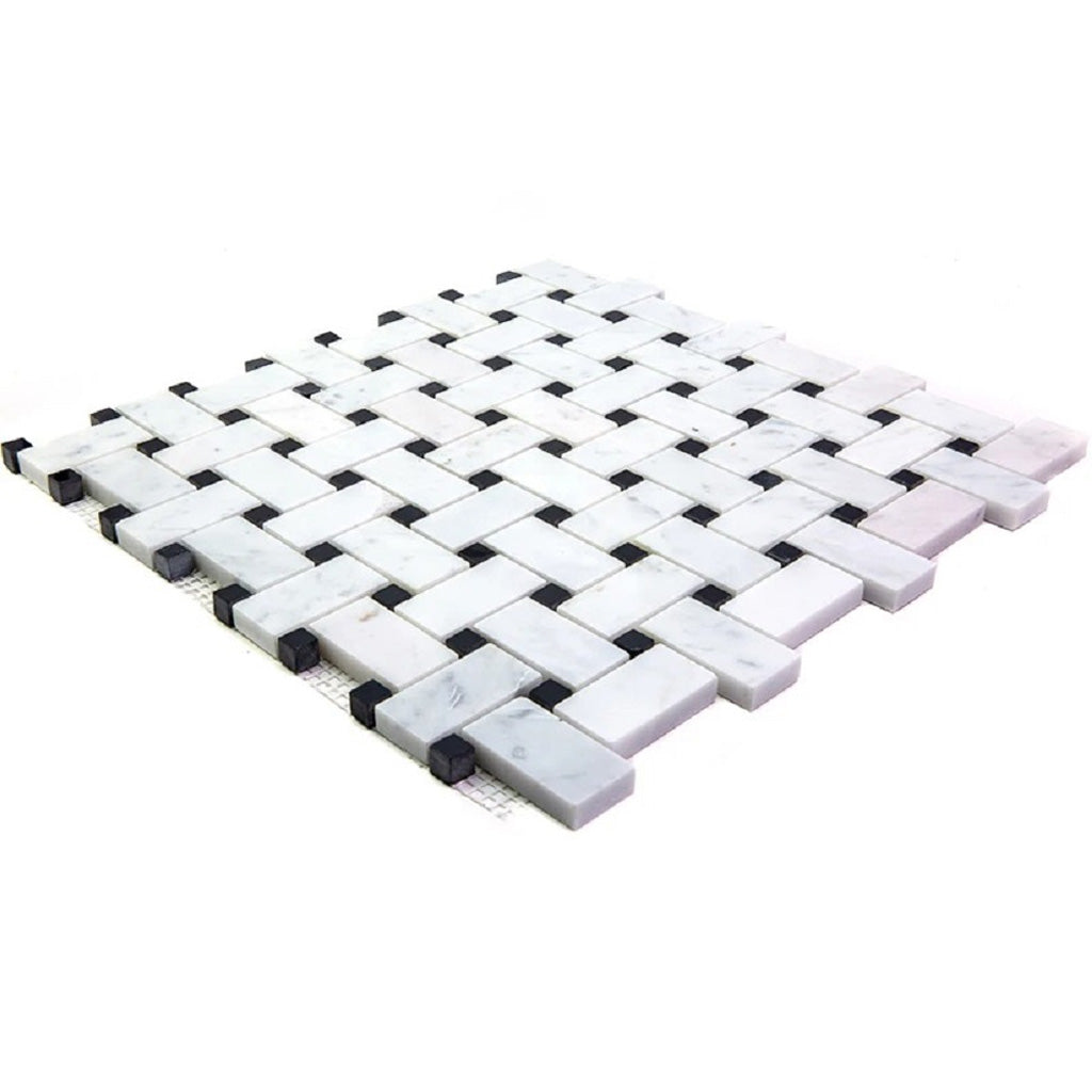 White polished marble basketweave mosaic tile with black dot insets 12x12 Bianco Carrara and Eastern Black