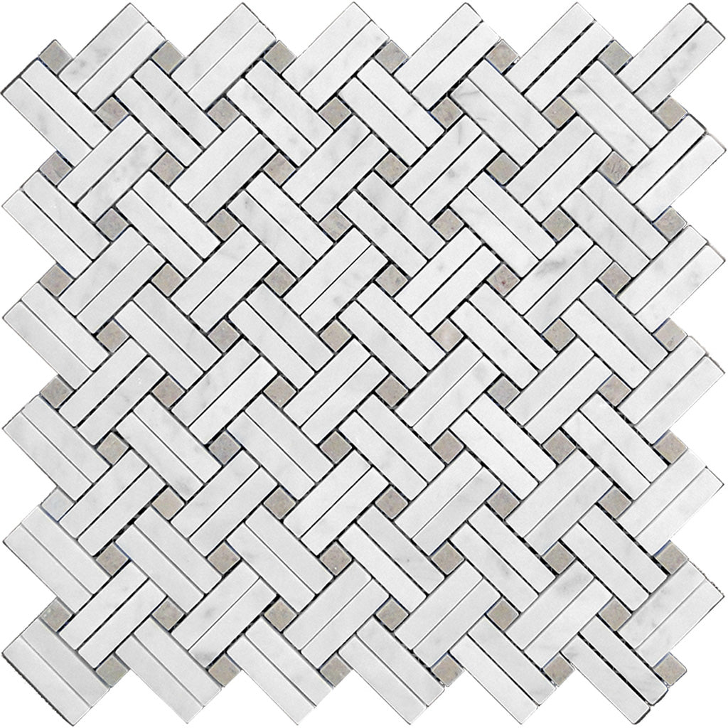 White 11 x 11 Basketweave Polished Bianco Carrara, Eastern Beige Marble Mosaic Tile