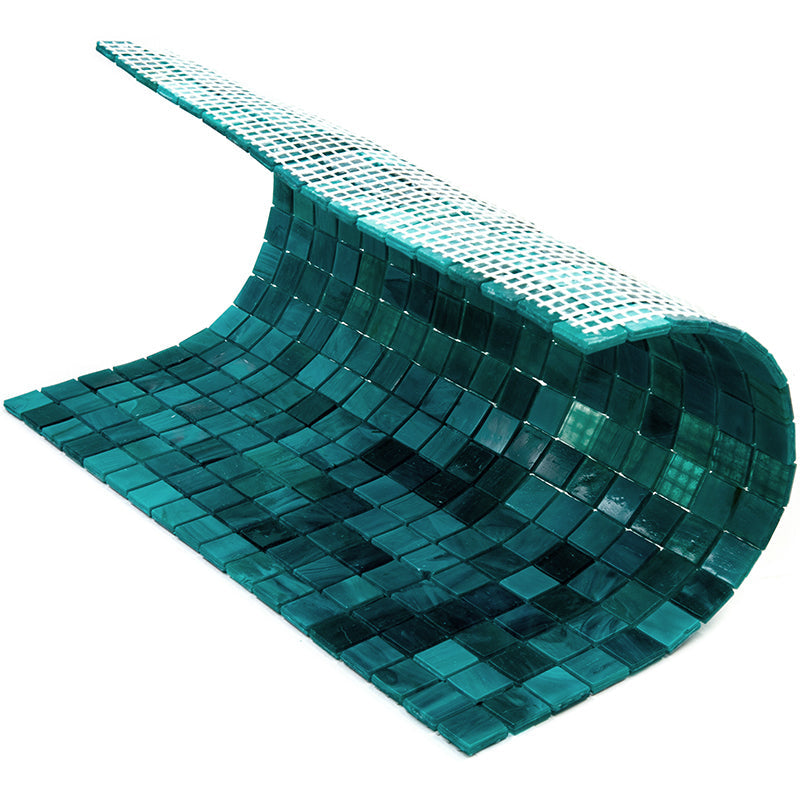 cerulean green glossy glass mosaic tiles sheet with square pieces and flexible backing