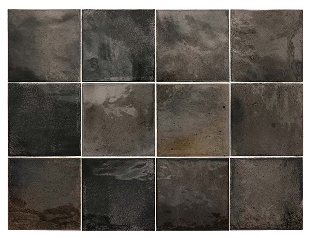 Glossy black 4x4 ceramic square tiles with varied dark shades and smooth texture