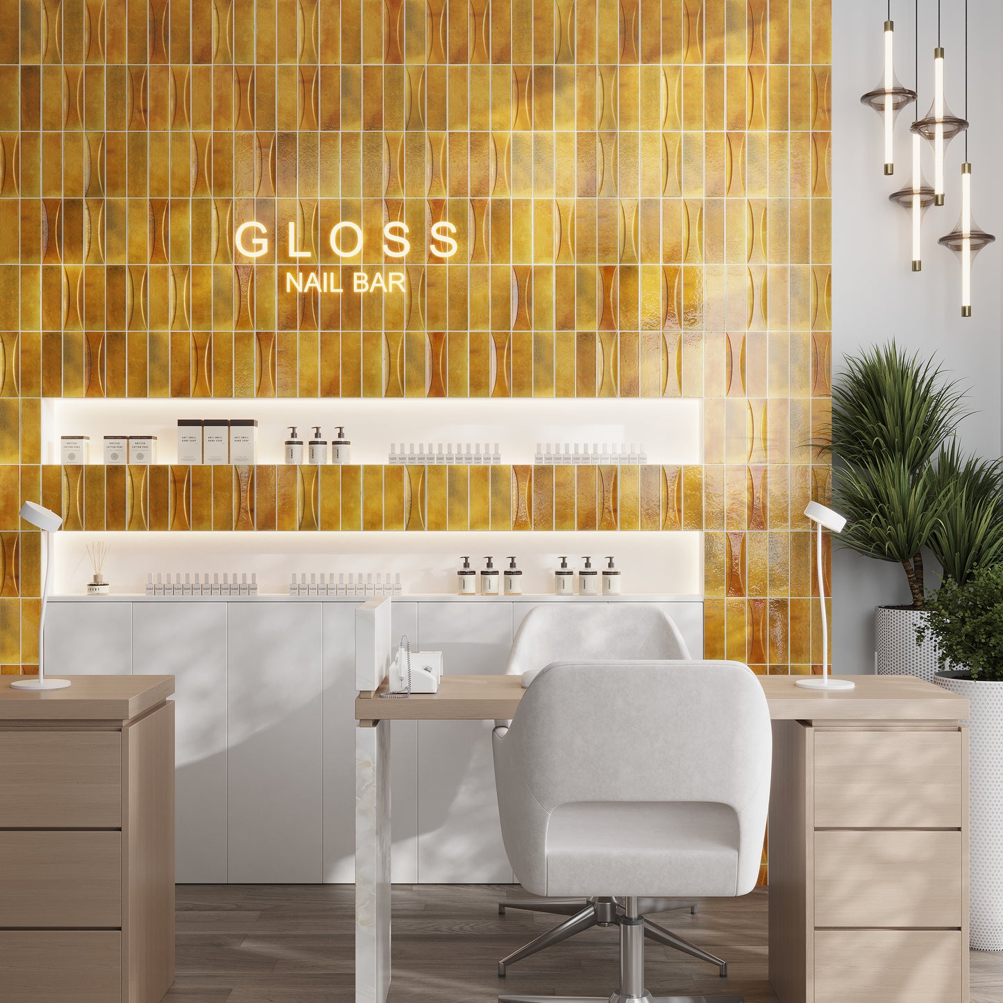 Honey orange glossy 2.5x8 ceramic subway tile wall with curved textured design in vibrant warm tones