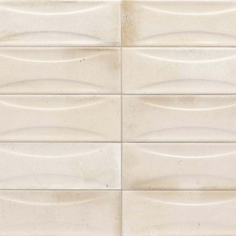 White glossy ceramic subway deco tile 2.5x8 with wave pattern textured surface