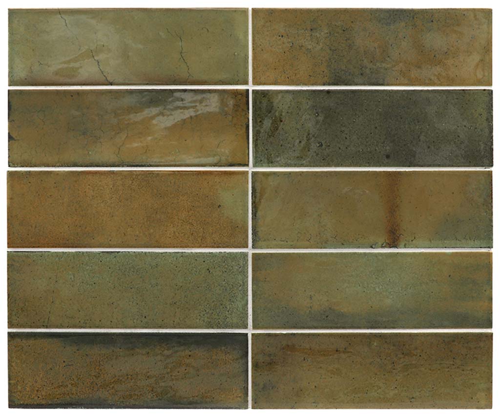 Glossy olive green ceramic subway tile 2.5x8 with varied tones and subtle texture
